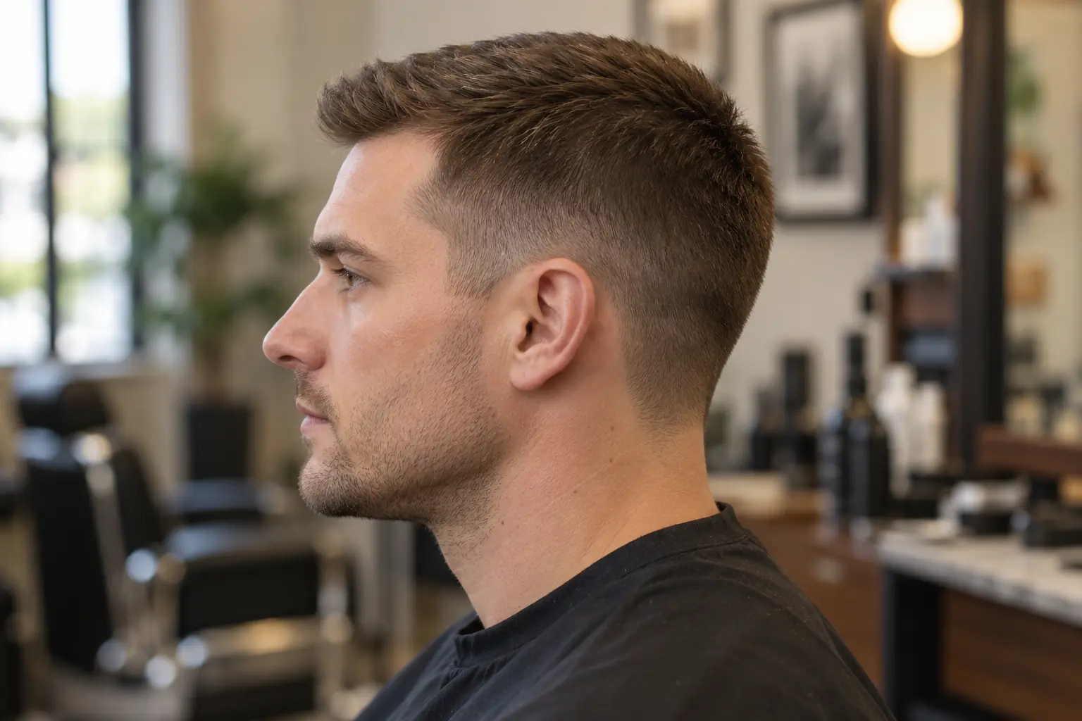 Side profile of a classic crew cut with a short tapered top