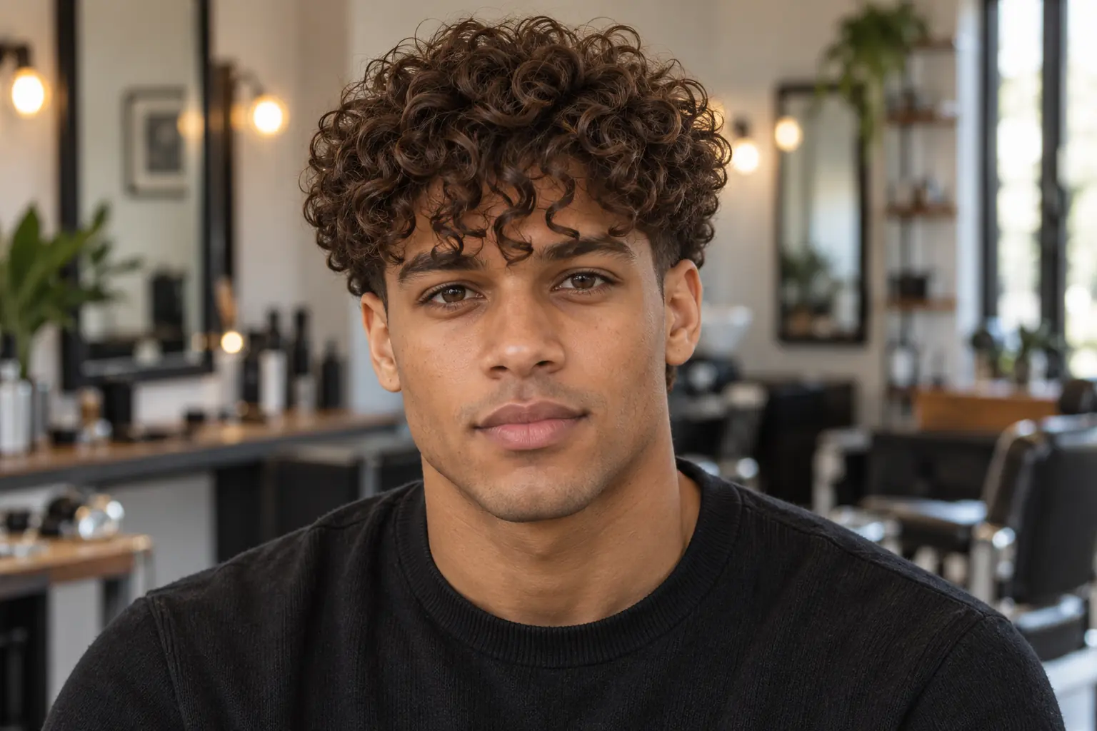 Front view of a curly fringe with a low taper