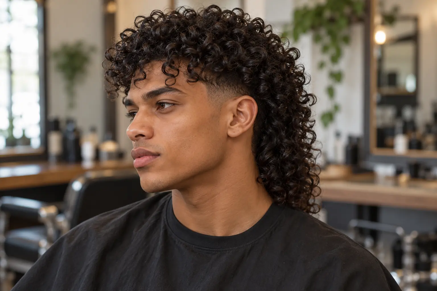 Curly modern mullet, three-quarter view