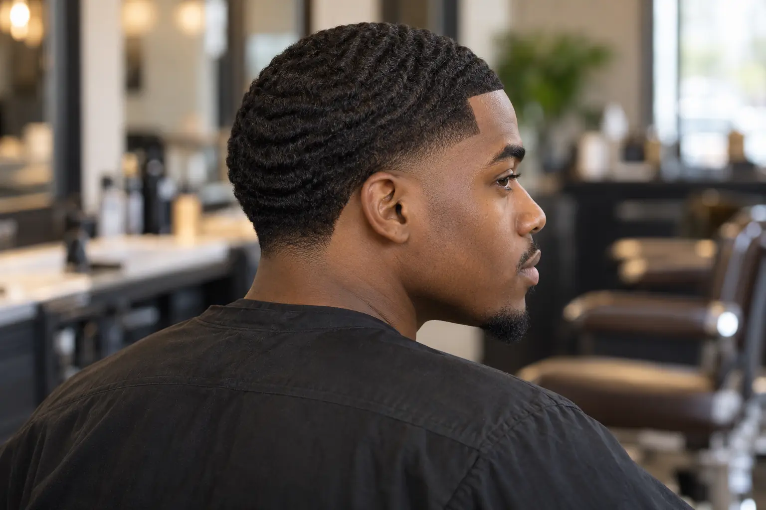 High taper fade with waves and a sharp line-up
