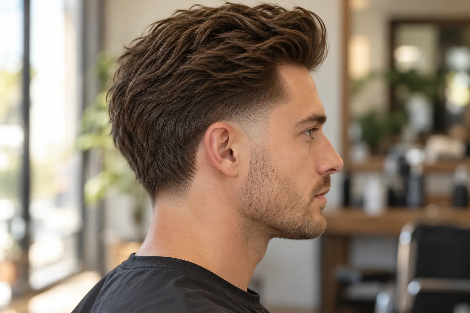 High taper fade to skin, side view