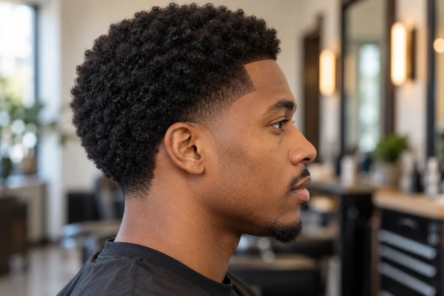 High taper fade on a short afro, side view