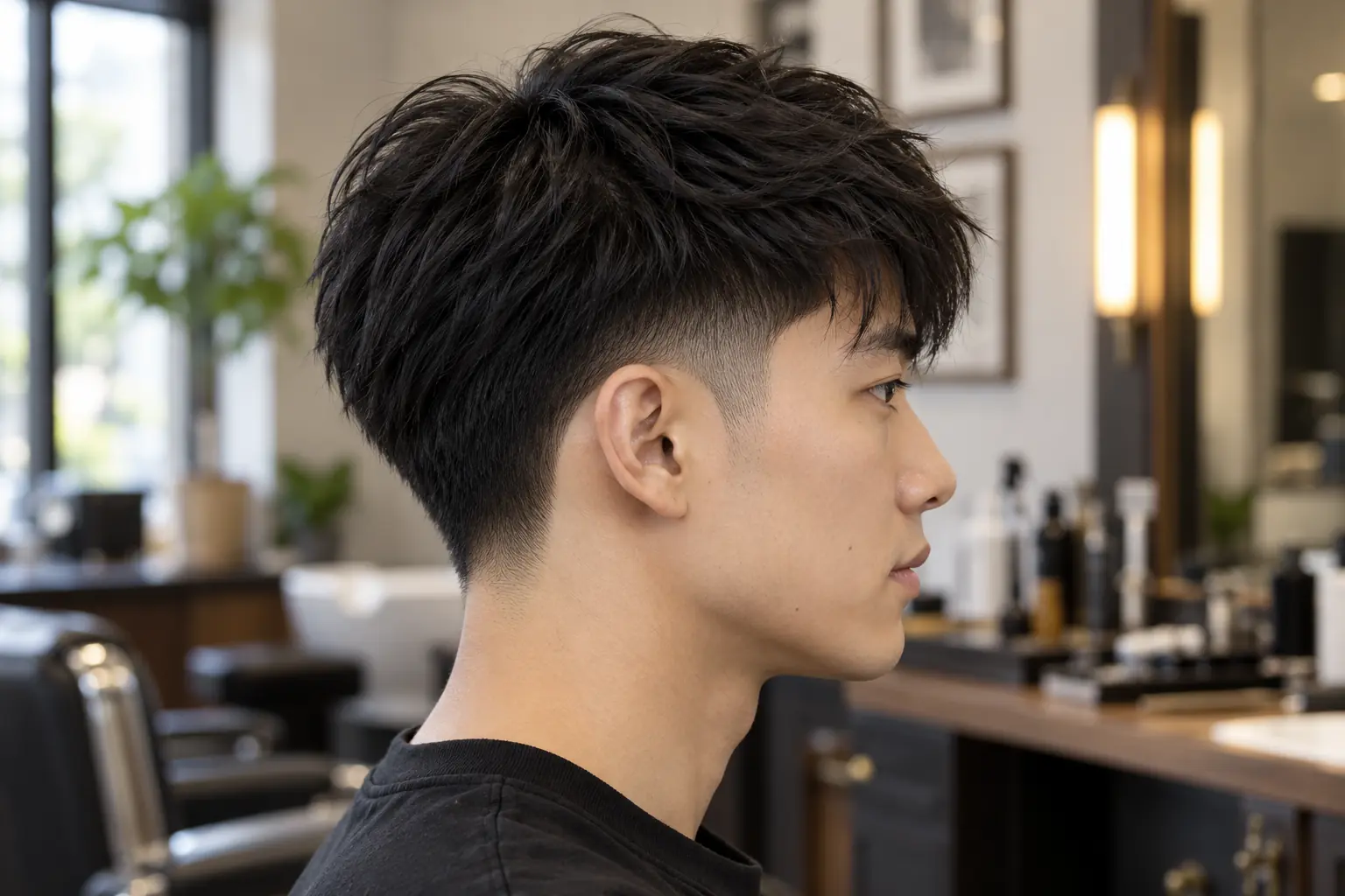 High taper fade on straight hair with a light fringe