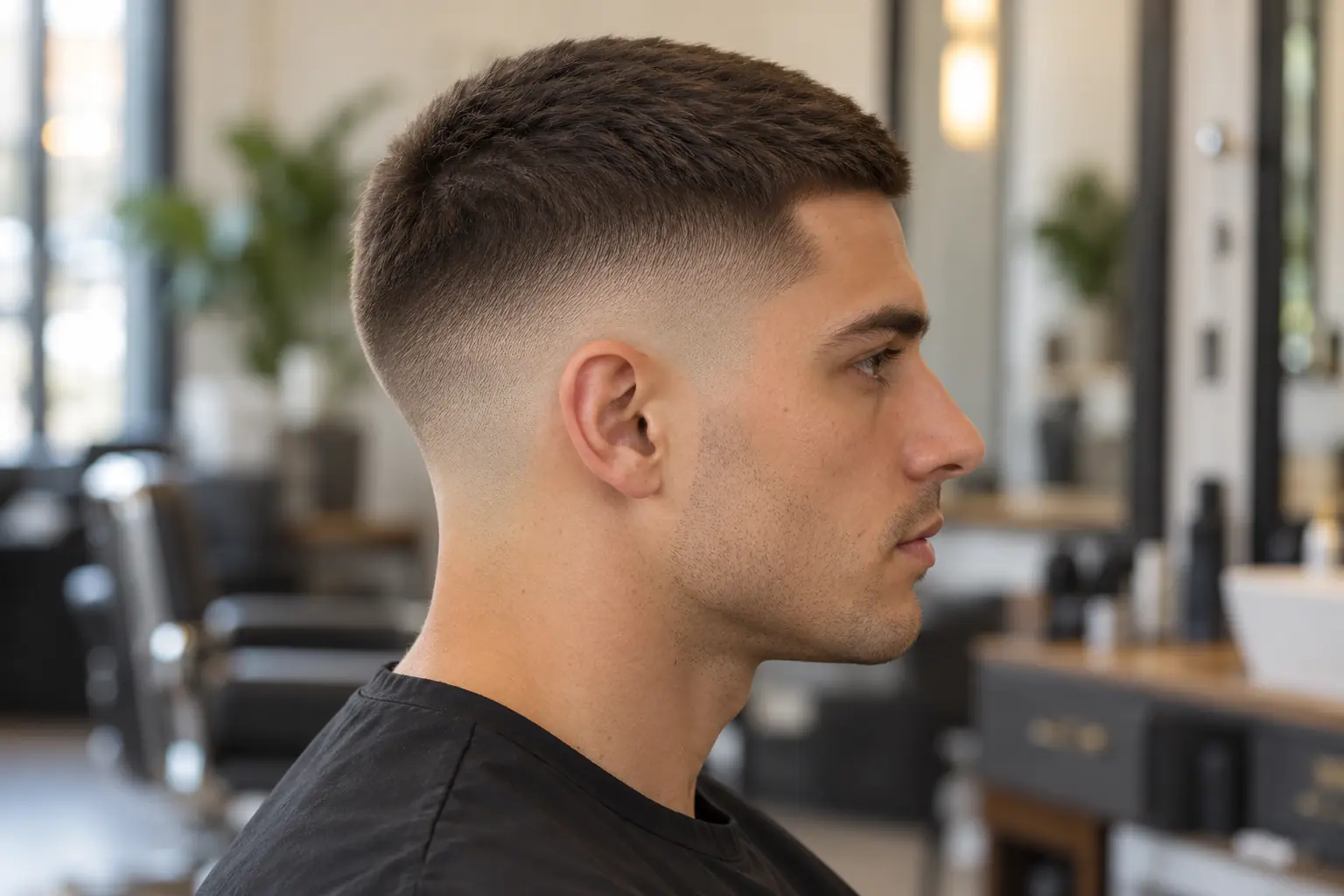 Long buzz cut fade with about 3/4 inch on top