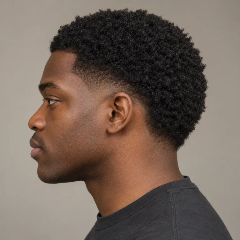 Short rounded coily top over a low curved burst fade around the ear