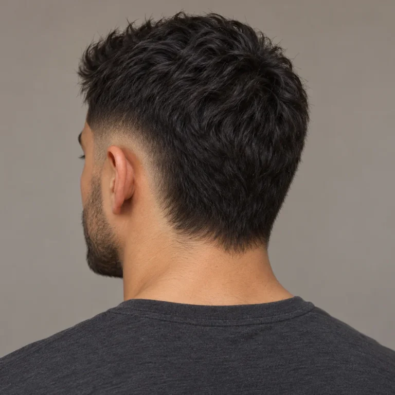 Rear three-quarter view of a low burst fade with dark hair retained at the center back