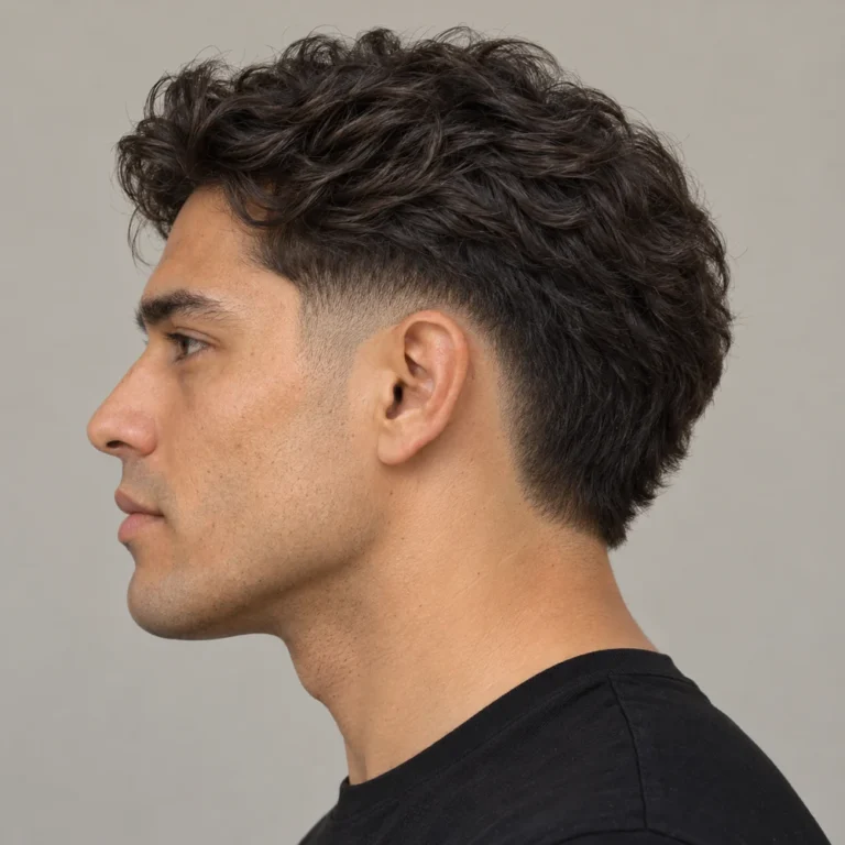 Wavy brown top above a compact low burst fade with visible stubble