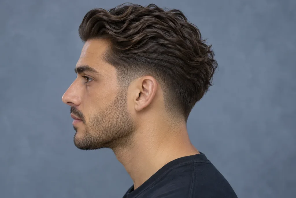 Wavy brown hair swept backward from the forehead above a low fade