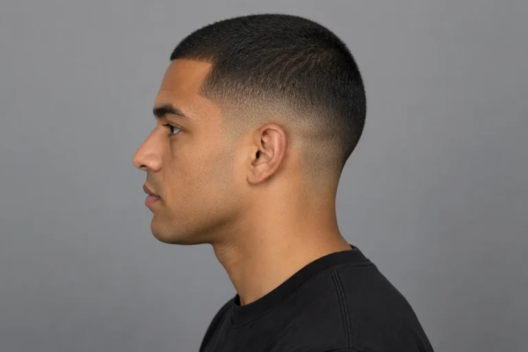 Low fade haircut with a short dark buzz-cut top, shown in side profile