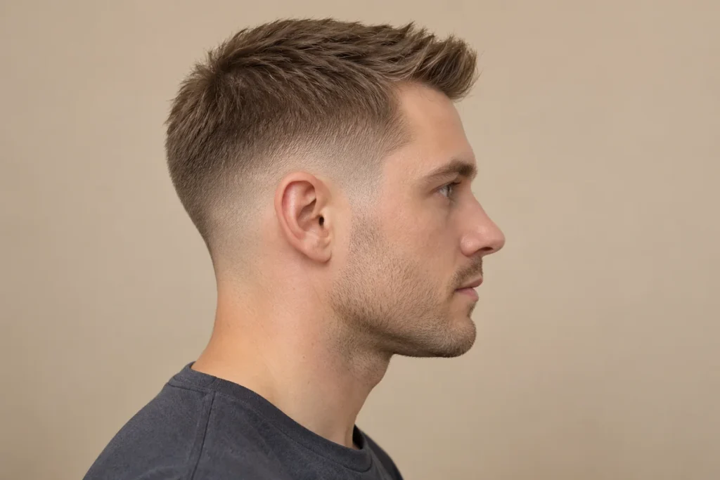 Side profile of a crew cut with a slightly raised front and a low fade