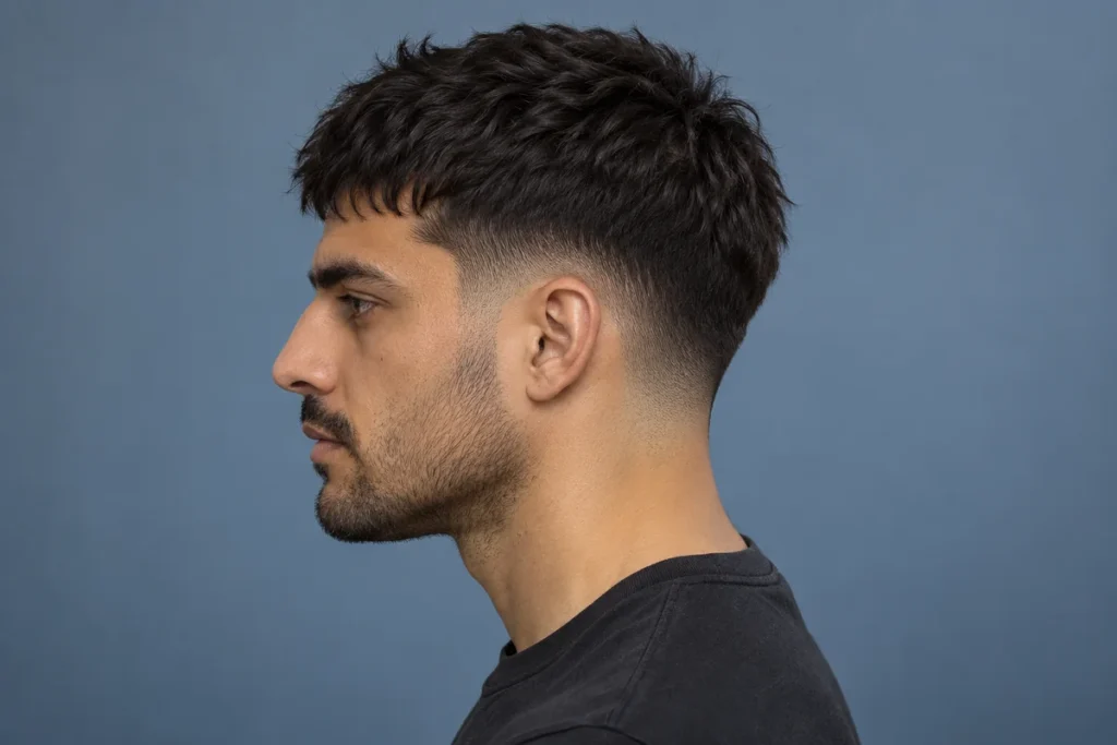 Short textured crop directed forward over a low fade near the ear
