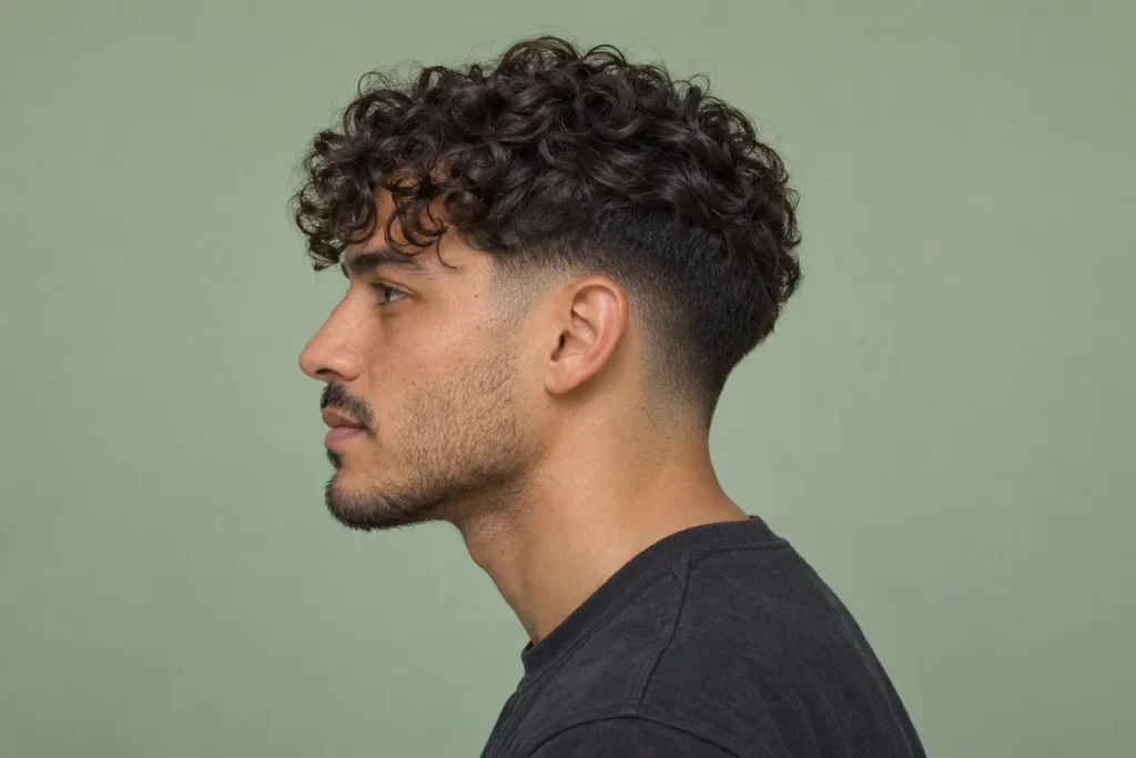 Loose dark curls on top with a low continuous side fade around the ear