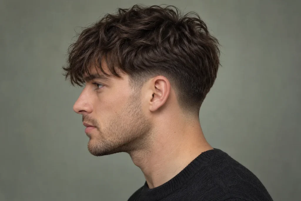 Long loose textured fringe covering the forehead above a low side fade