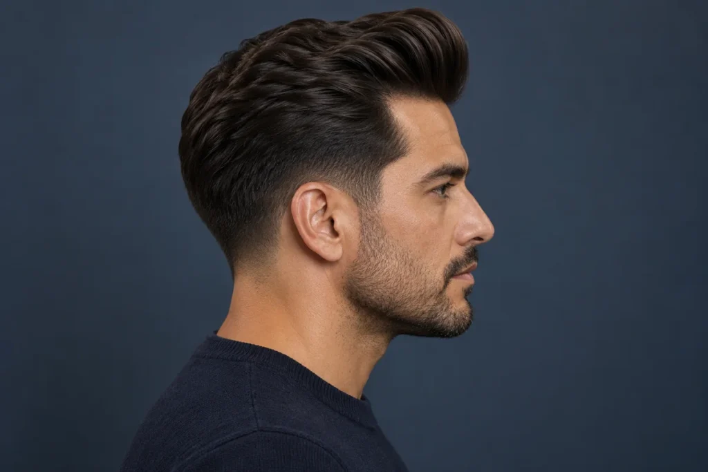 Smooth dark pompadour rolling upward and backward above a low fade