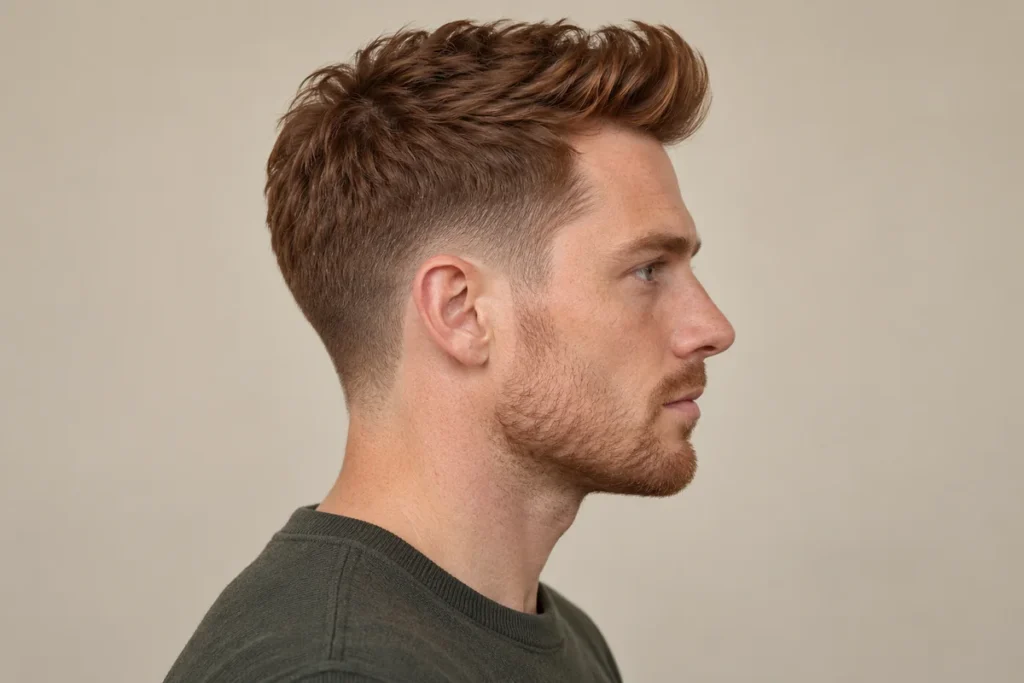 Short auburn quiff lifted at the front above a low fade in side profile