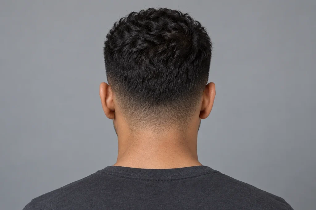 Rear view of a low nape fade below a darker short top, with both ears visible