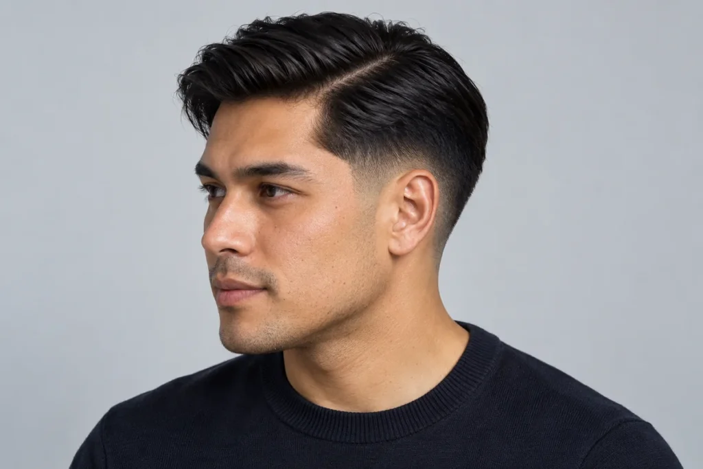 Naturally parted dark hair combed across above a low fade with no shaved part line