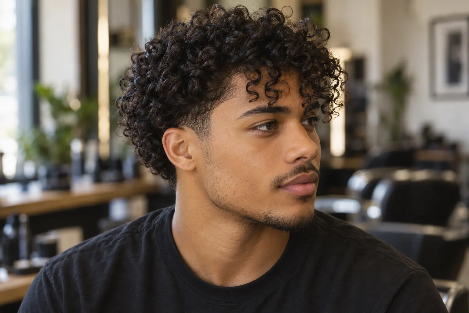 Curly fringe with a low taper