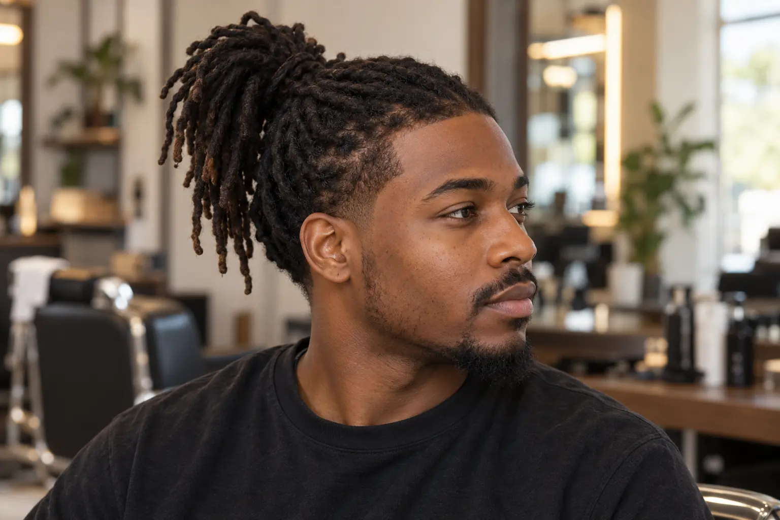Low taper with locs tied up on top