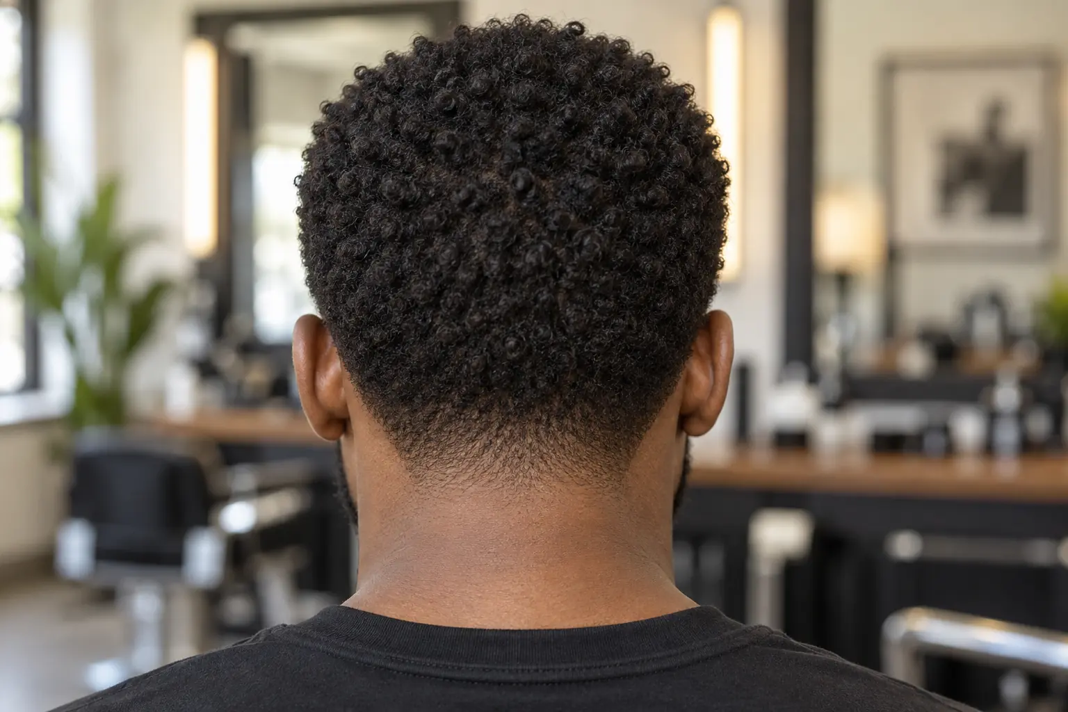 Back view of a low taper on coily hair at the nape