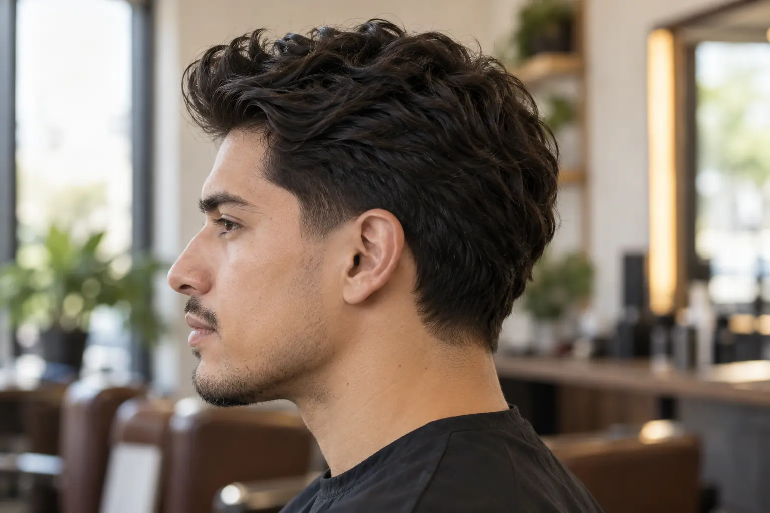 Low taper fade from the side, blend only at the bottom of the sideburn