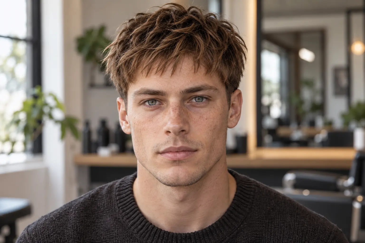 Front view of a low taper fade with textured fringe