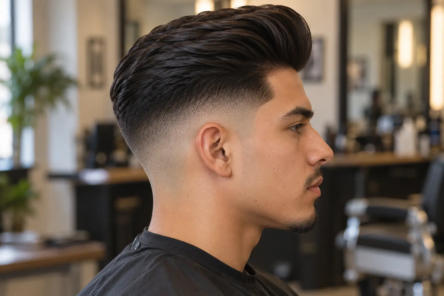 Pompadour with a mid skin fade