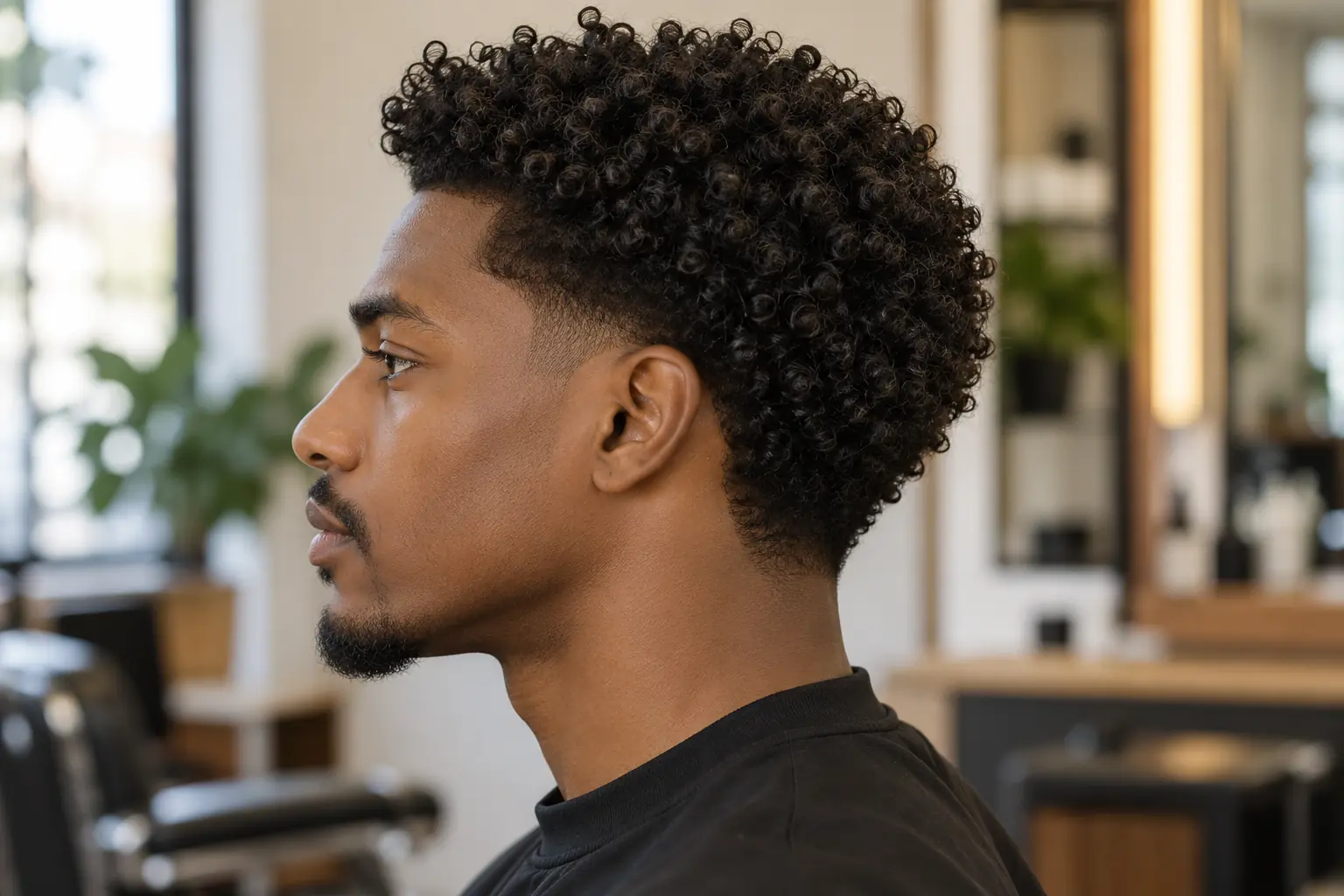 Mid taper fade on curly hair, side view