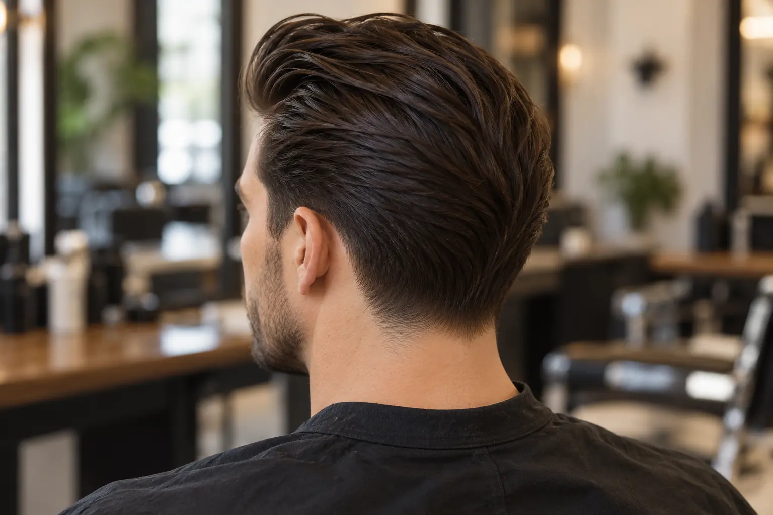 Back view of a mid taper pompadour