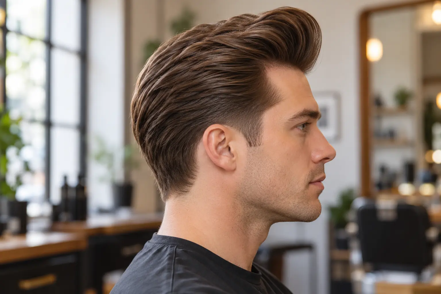 Side profile of a pompadour with a mid taper