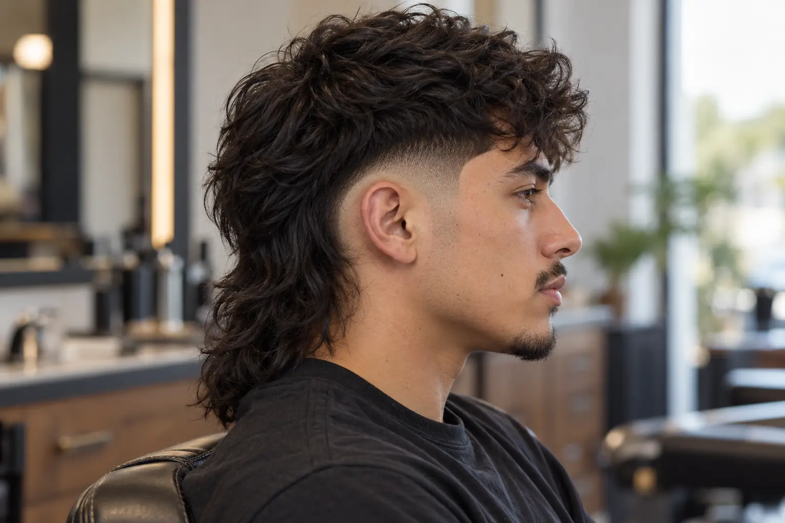 Modern mullet with a burst fade curving around the ear