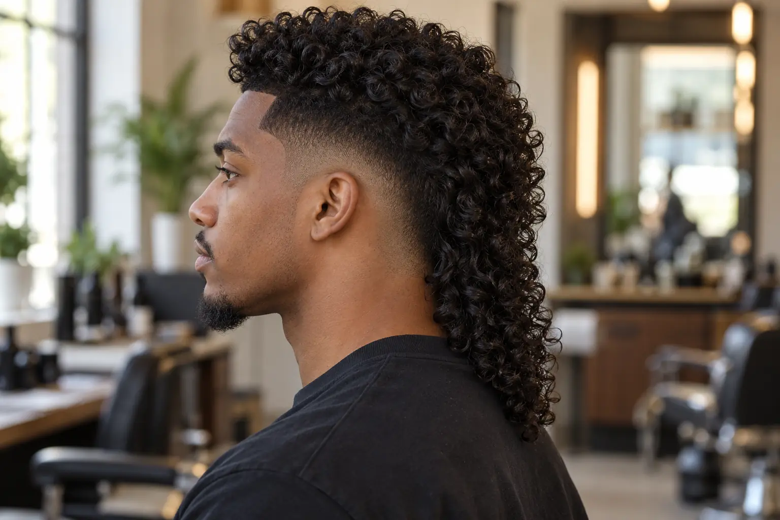 Curly modern mullet with a drop fade, side view