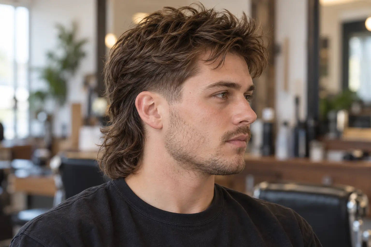 Taper mullet with the blend at the temple and sideburn and a long textured back
