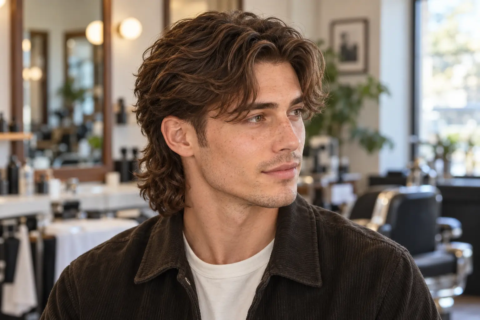 Wavy modern mullet with a middle part