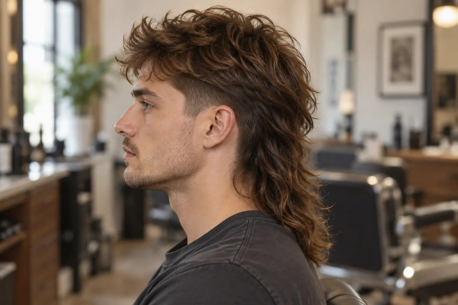 Side profile of a modern mullet with a textured top and longer back