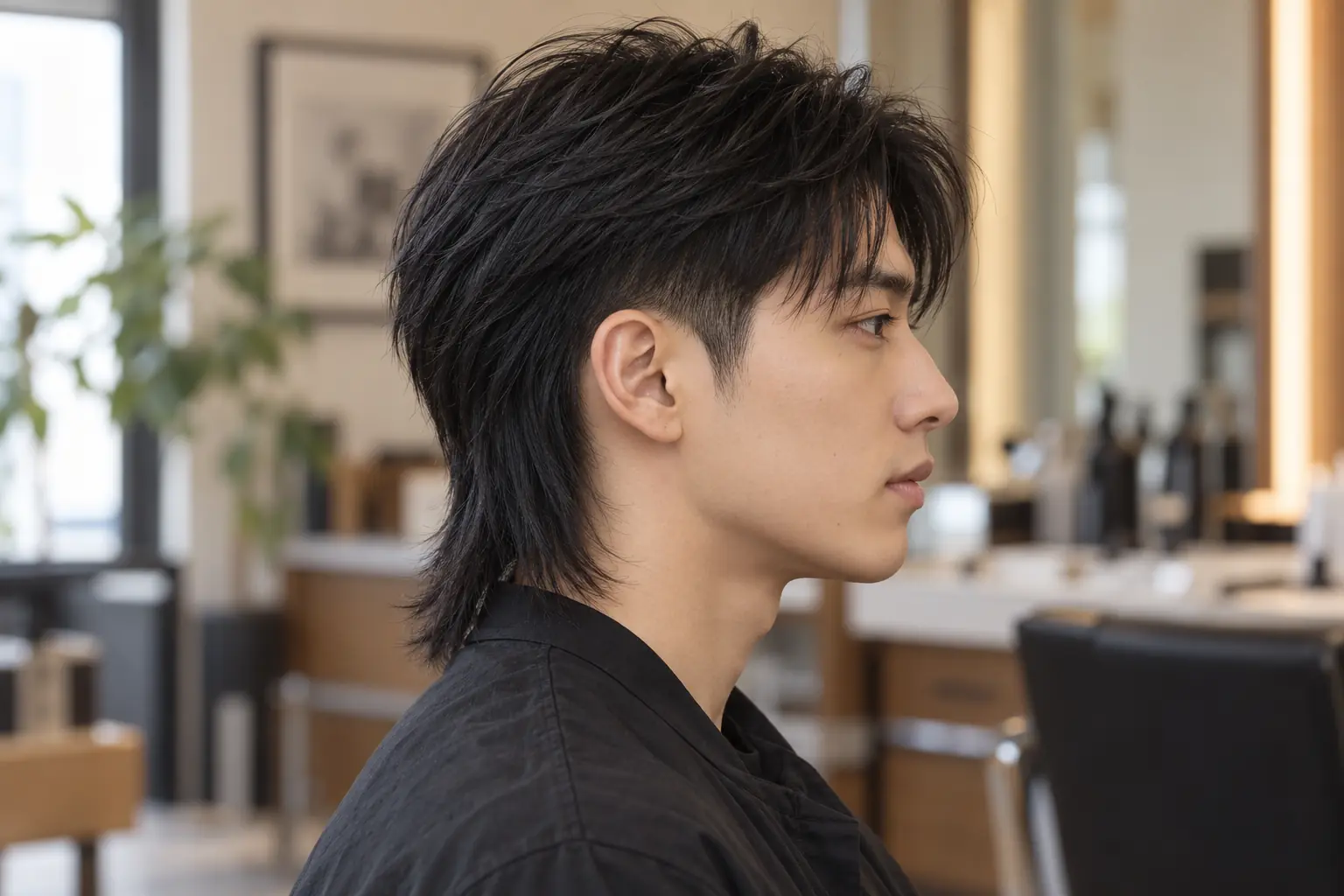Modern mullet on straight hair, side view