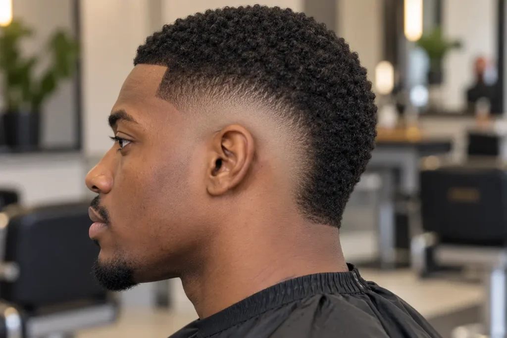 Side profile of short tight coils above an ear-centered burst fade with a compact dark nape