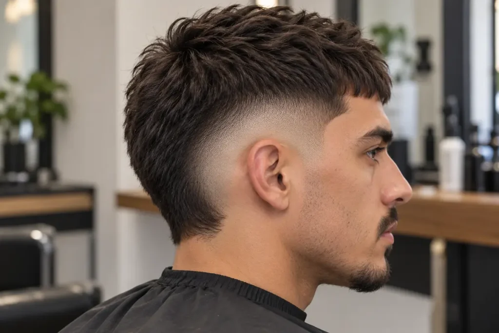 Side profile of a short textured crop with a rounded burst fade around the ear and compact dark rear