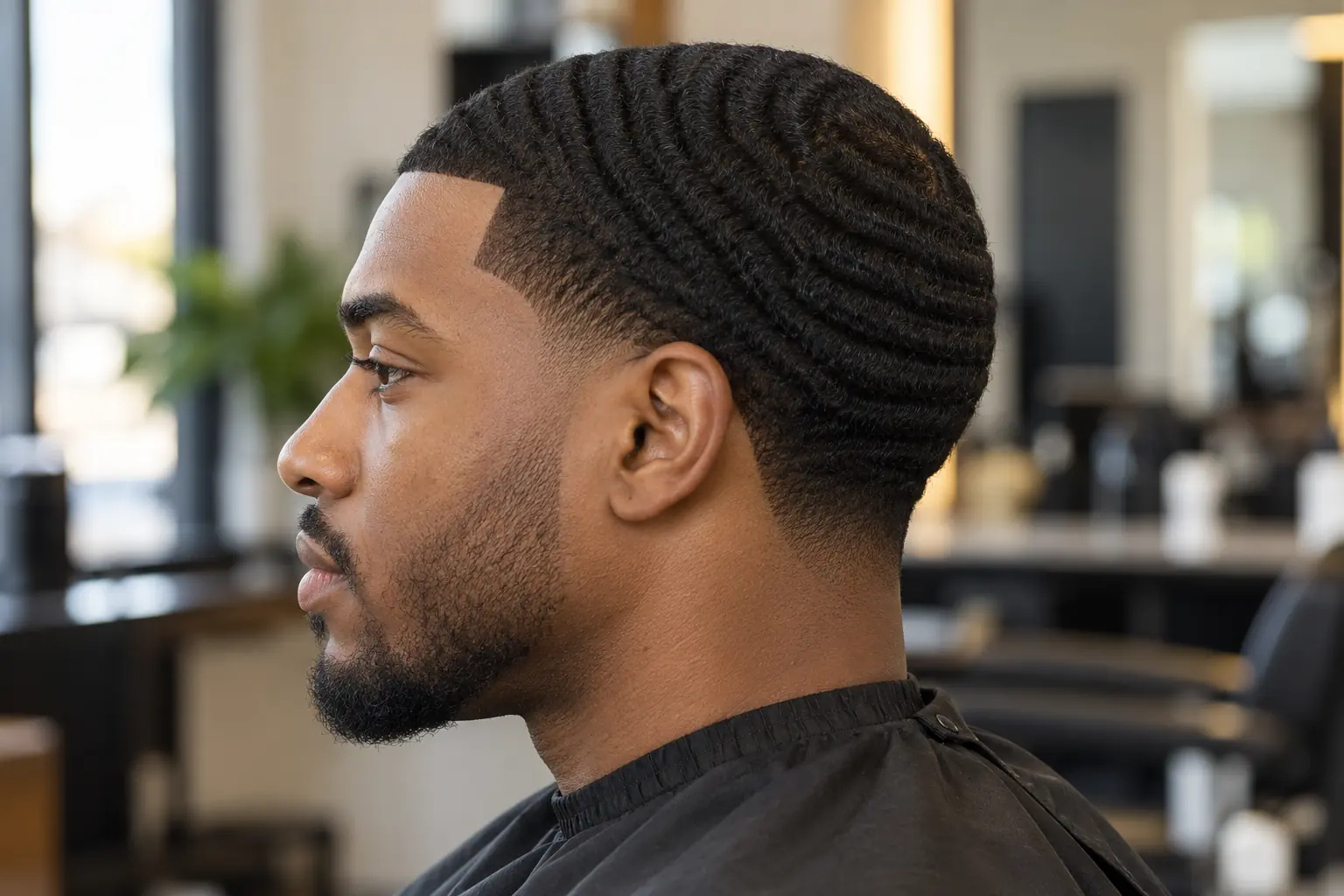 Low taper fade with 360 waves and a sharp line-up