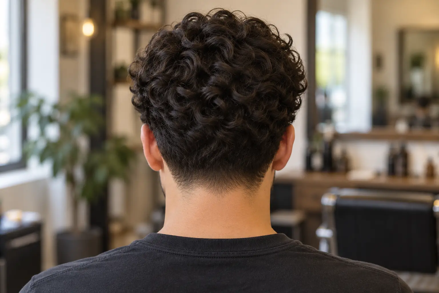 Back view of a taper fade for curly hair at the nape