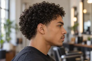 Low taper fade on curly hair, side view