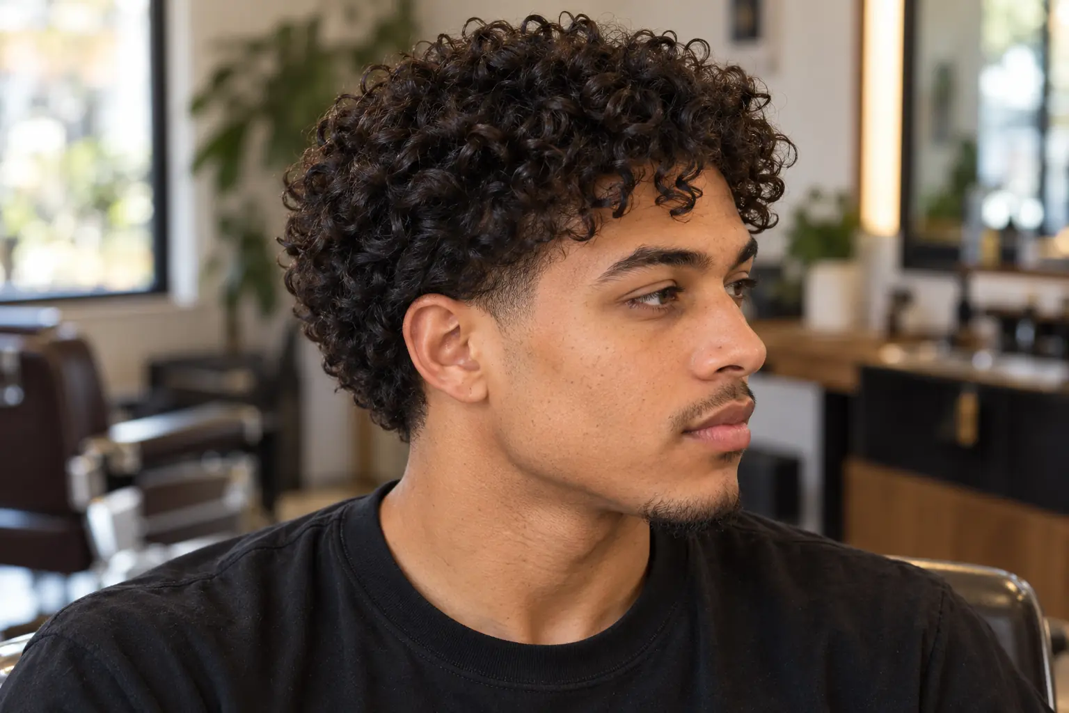 Low taper fade on curly hair, three-quarter view