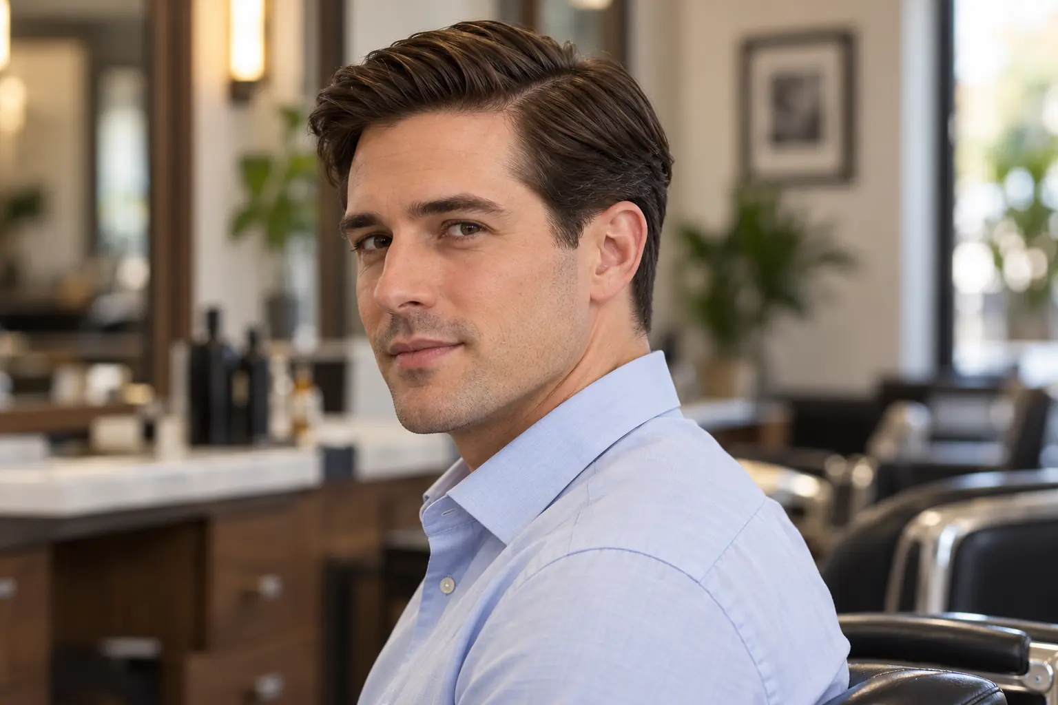 Classic side part with a low taper fade, professional look