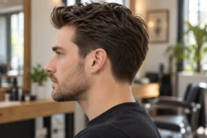 Side profile of a low taper fade on straight dark hair with a short textured top
