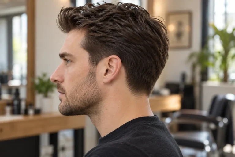 Side profile of a low taper fade on straight dark hair with a short textured top