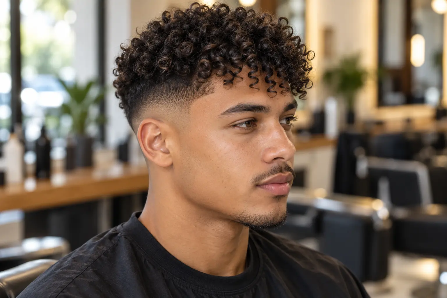 Curly textured crop with a mid fade