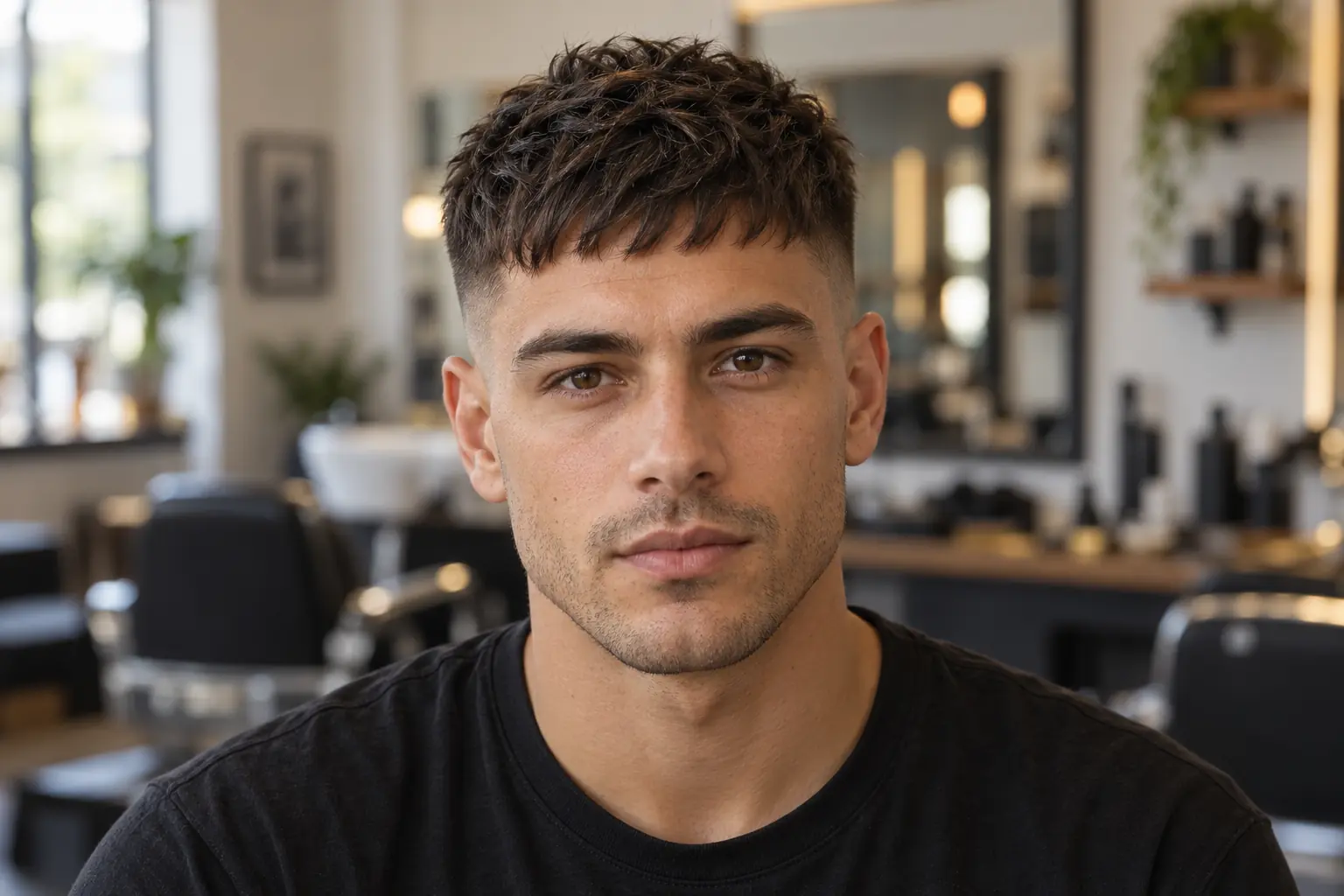 Front view of a textured crop with a short choppy fringe
