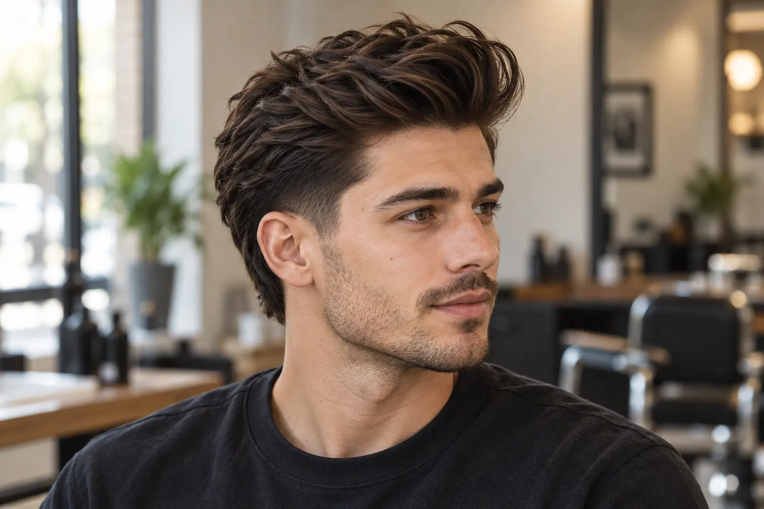 Matte textured pompadour with a mid taper