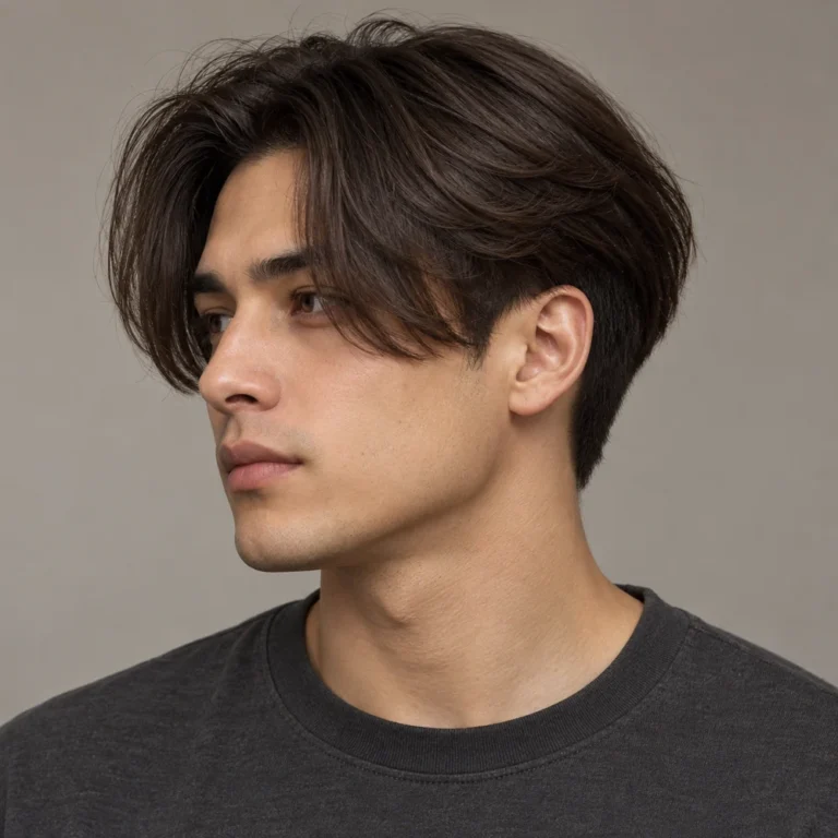 Long curtain fringe on a two block haircut with a shorter side around the ear