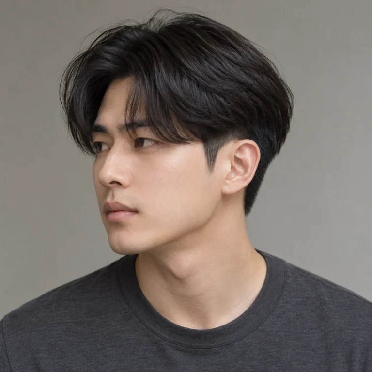 Center-parted two block haircut with long black upper hair over a shorter dark side